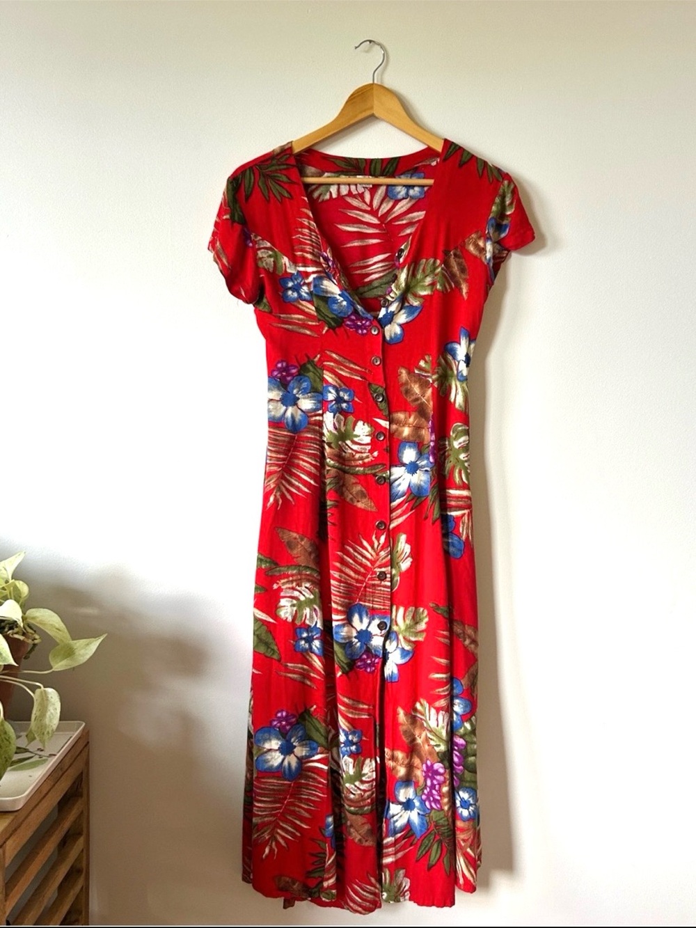 Vintage Red Floral Tropical Hawaiian Midi Dress S